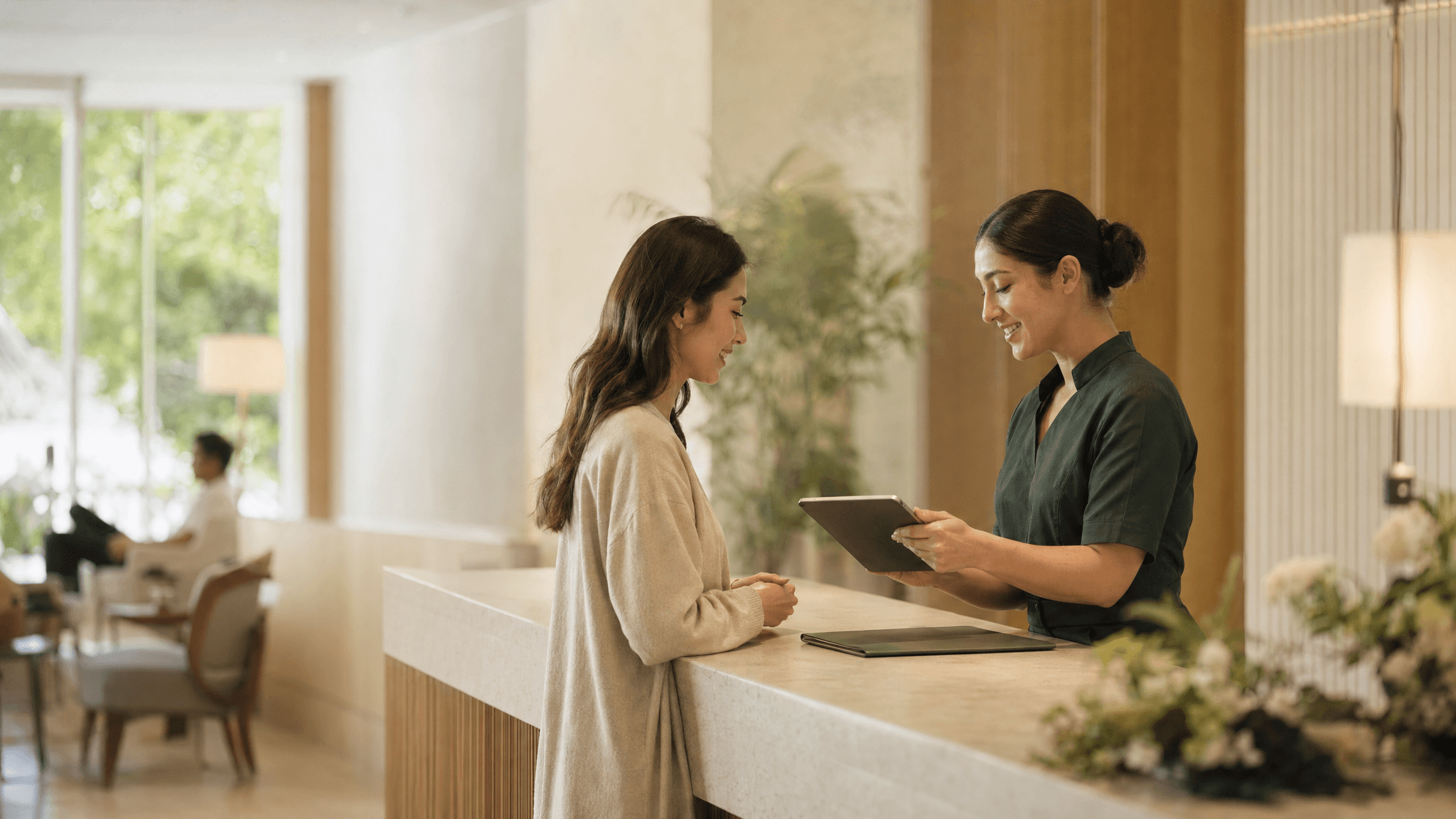 A wellness reception staff member helping a guest at check-in