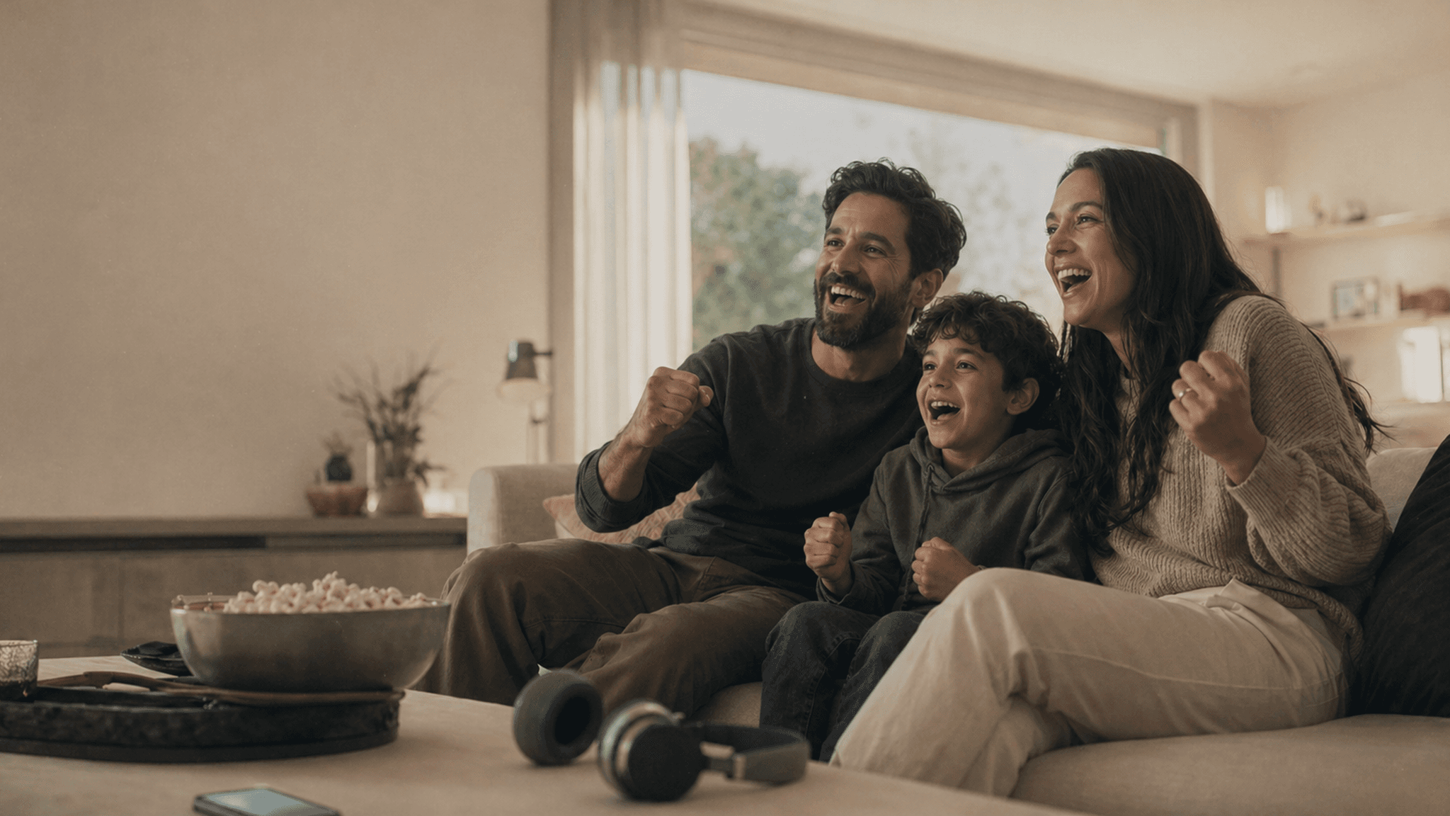 A family watching a live game together in a living room