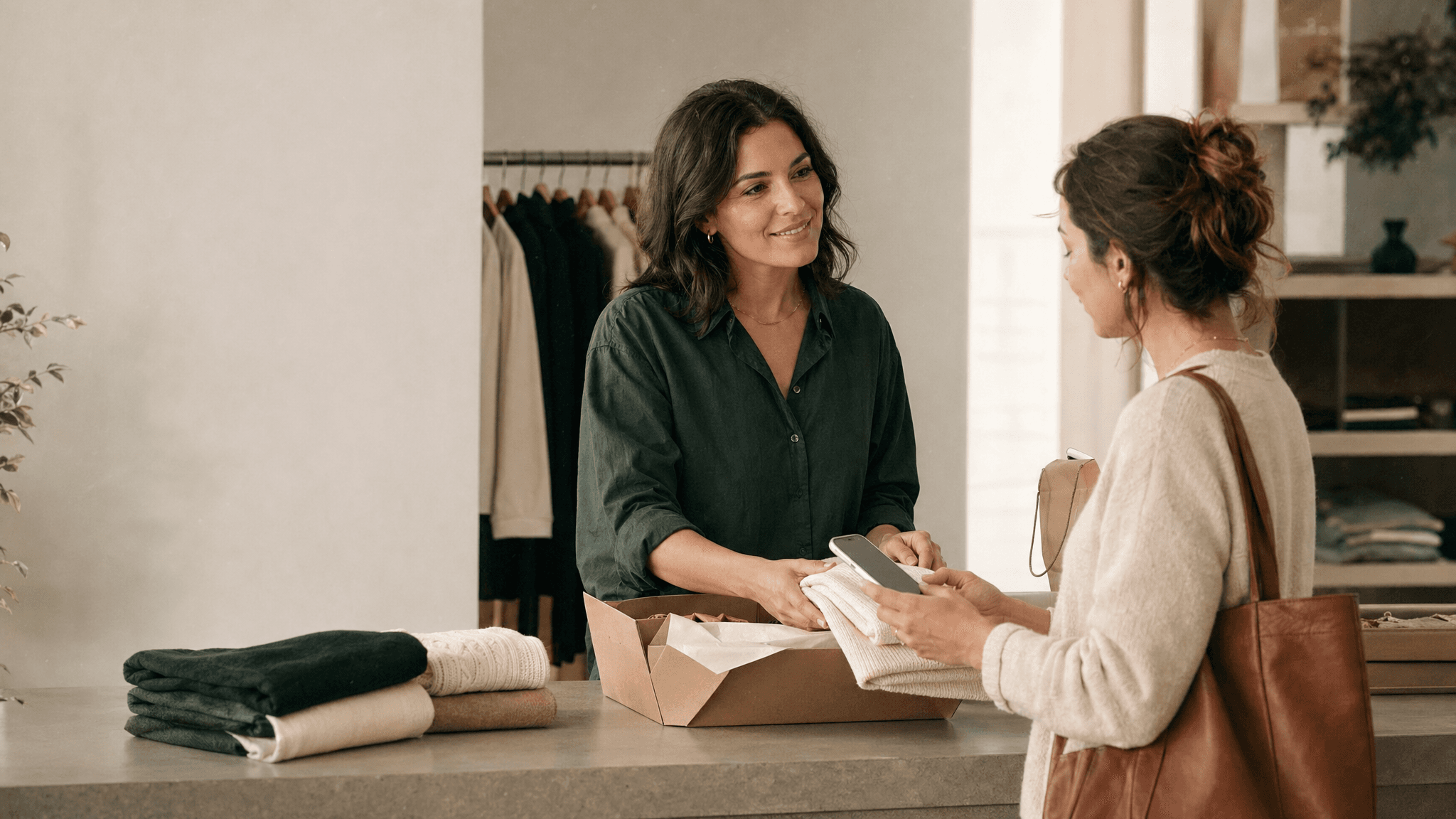 A retail associate and shopper handling a return at a boutique counter