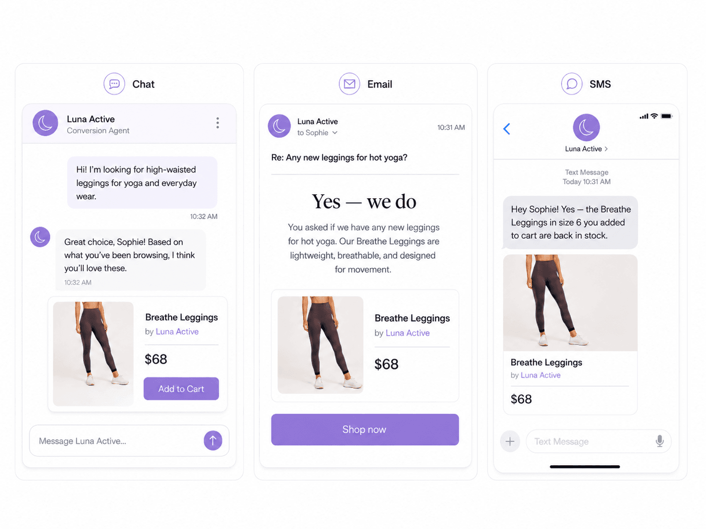 Luna Active conversion agent deployed across chat, email, and SMS