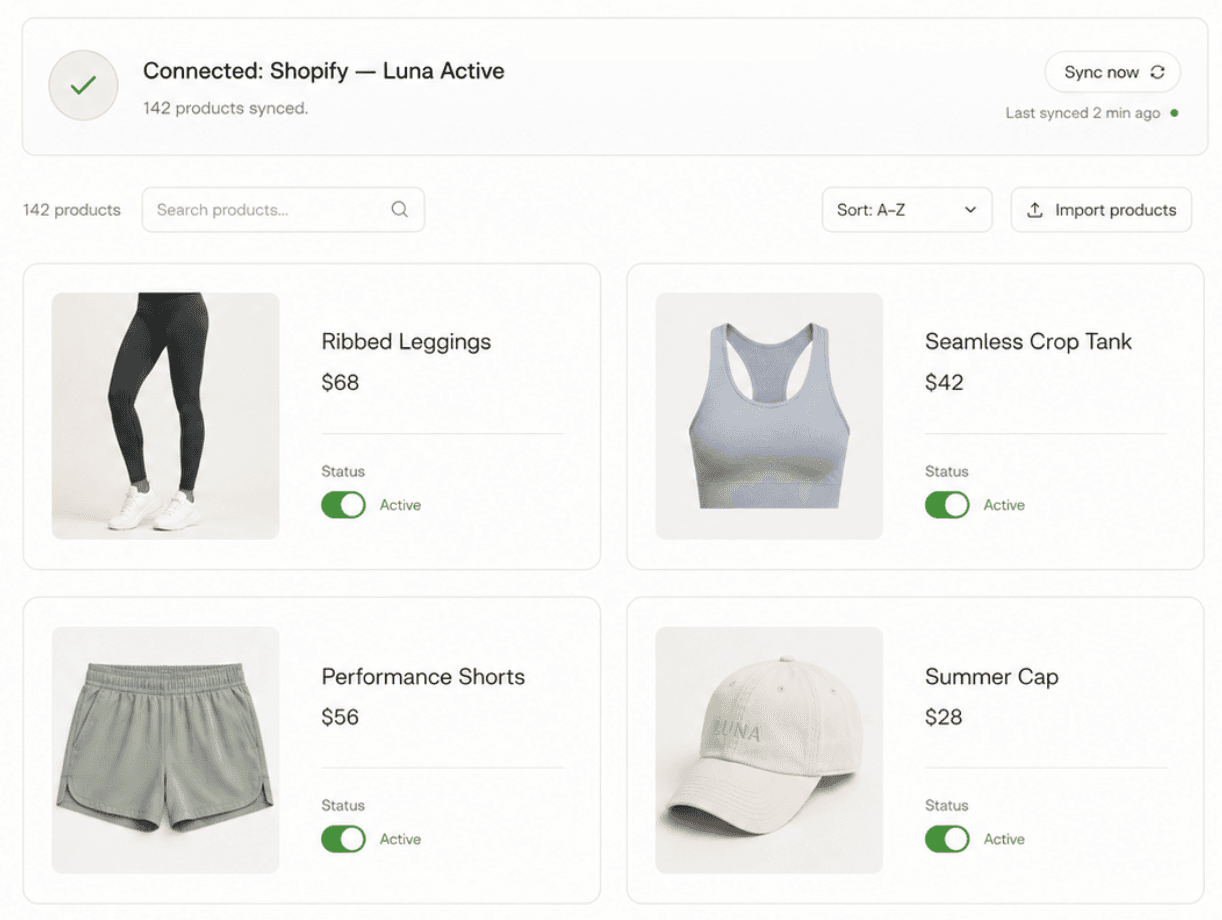 Shopify product sync dashboard for Luna Active
