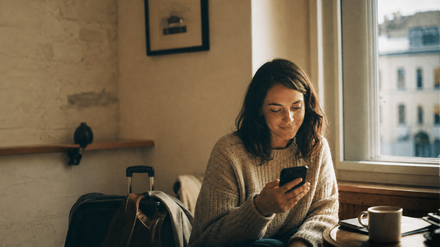 A customer checking timely proactive support on a phone near a window