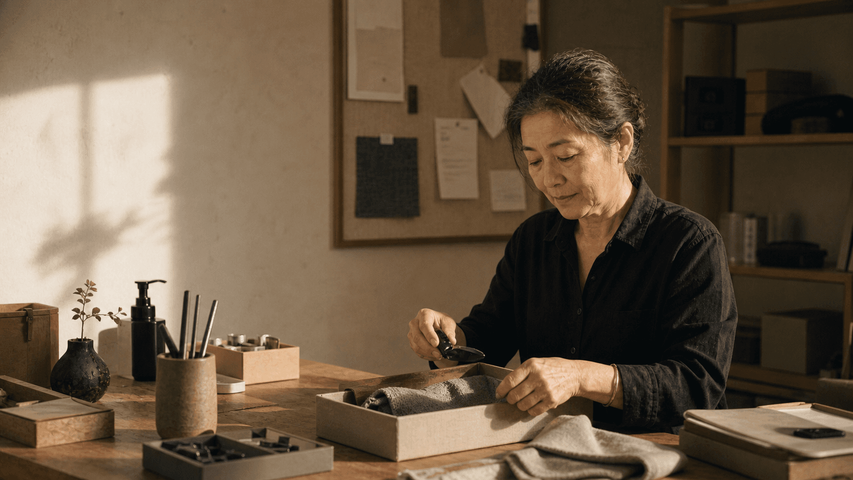 An older customer-care lead closing a resolved equipment support case at a warm repair bench